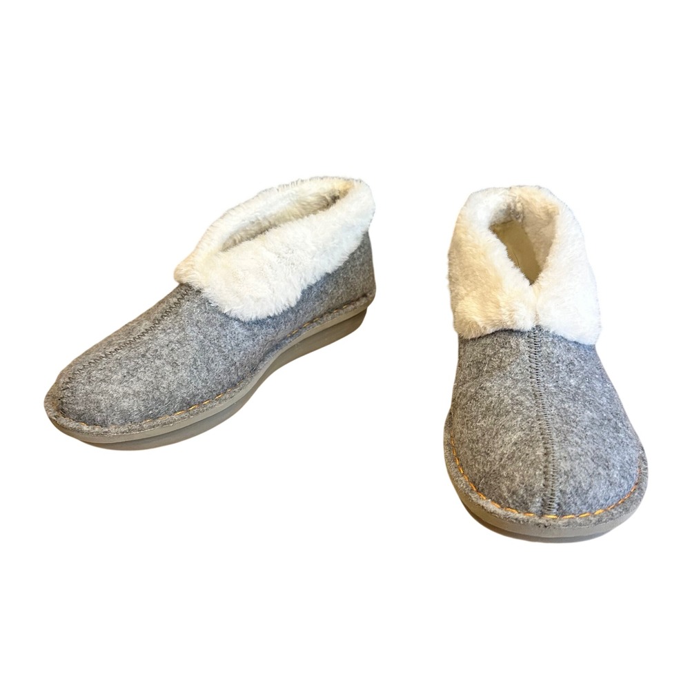 Clarks Cloudstepper Grey Felt Faux Fur‎ Collar Slippers Size 7